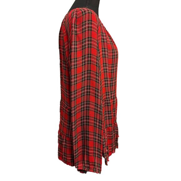 J Jill Blouse Small Red Plaid Tiered Long Sleeve Academia Holiday Lightweight - Picture 2 of 7